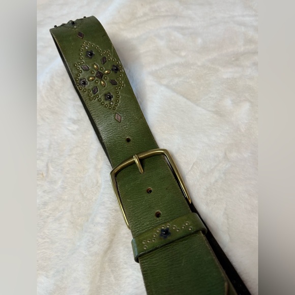 Linea Pelle Genuine Leather Green Vtg Bohemian Western Belt, Solid Brass Buckle - Picture 7 of 15